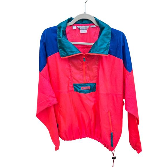 VTG 90s Columbia Men's Jacket Hot Pink Colorblock 1/4 Zip Windbreaker Pullover L - Picture 1 of 16